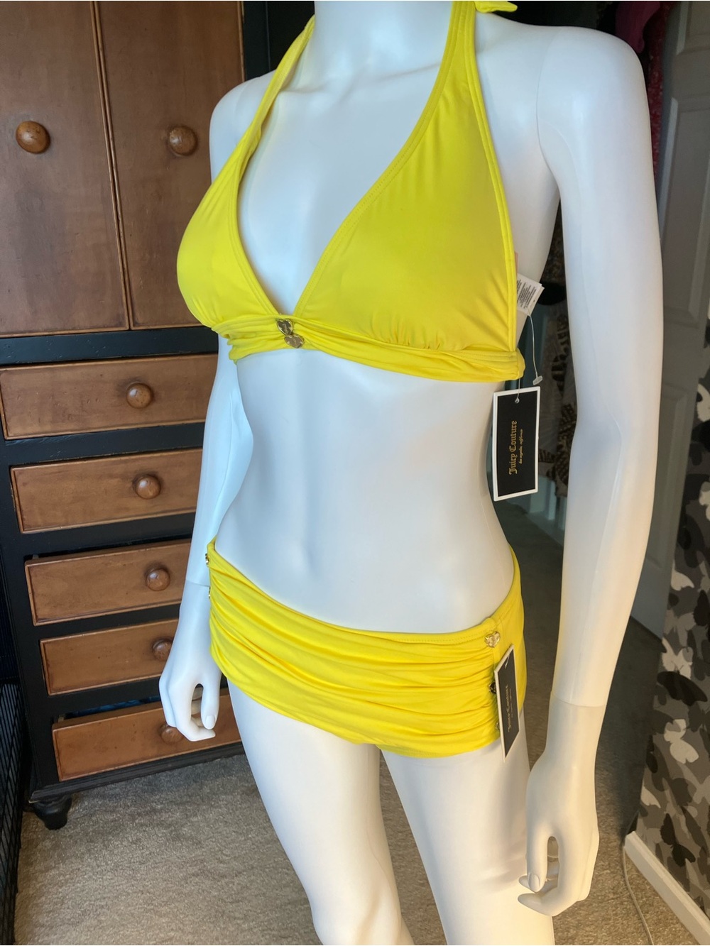 Juicy Couture Bright Yellow Halter Bikini with Ruched Skirted Bottom